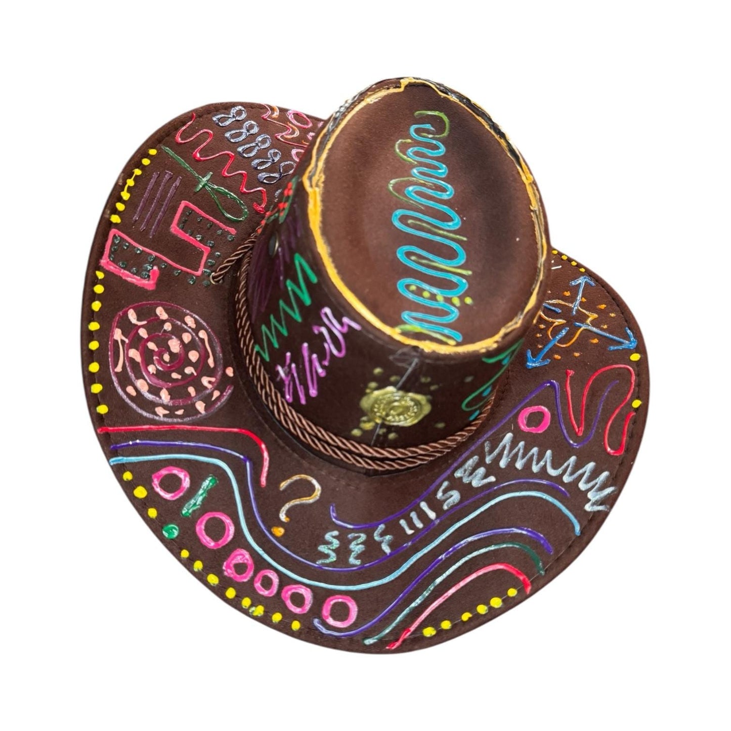 PSYCHOWBOY Brown psychedelic rave hat with neon hand-painted tribal symbols, wearable art, unique Burning Man festival fashion by Qreine