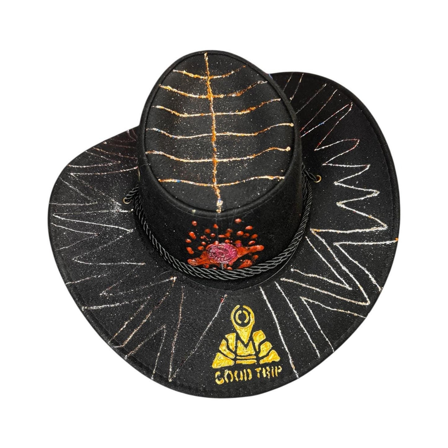 TRIPPING SPIDER Black Cowboy Hat with Spider Emblem, Glitter Zigzag Brim, and “Good Trip” Hand-Painted Festival Headwear for Wild Souls