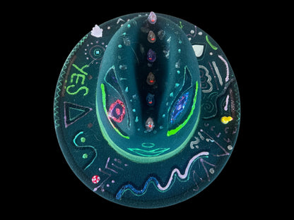 Green Festival Fedora Hat with Glow-in-the-Dark Eyes, Music Notes, and Abstract Symbols – Handmade Rave and Artistic Statement Hat