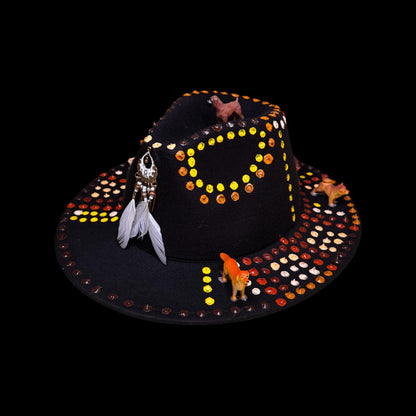 Boho Festival Hat with Dog Totems, Painted Mandala Dots & Feathers | Spirit Animal Hat for Burning Man, Coachella, Raves