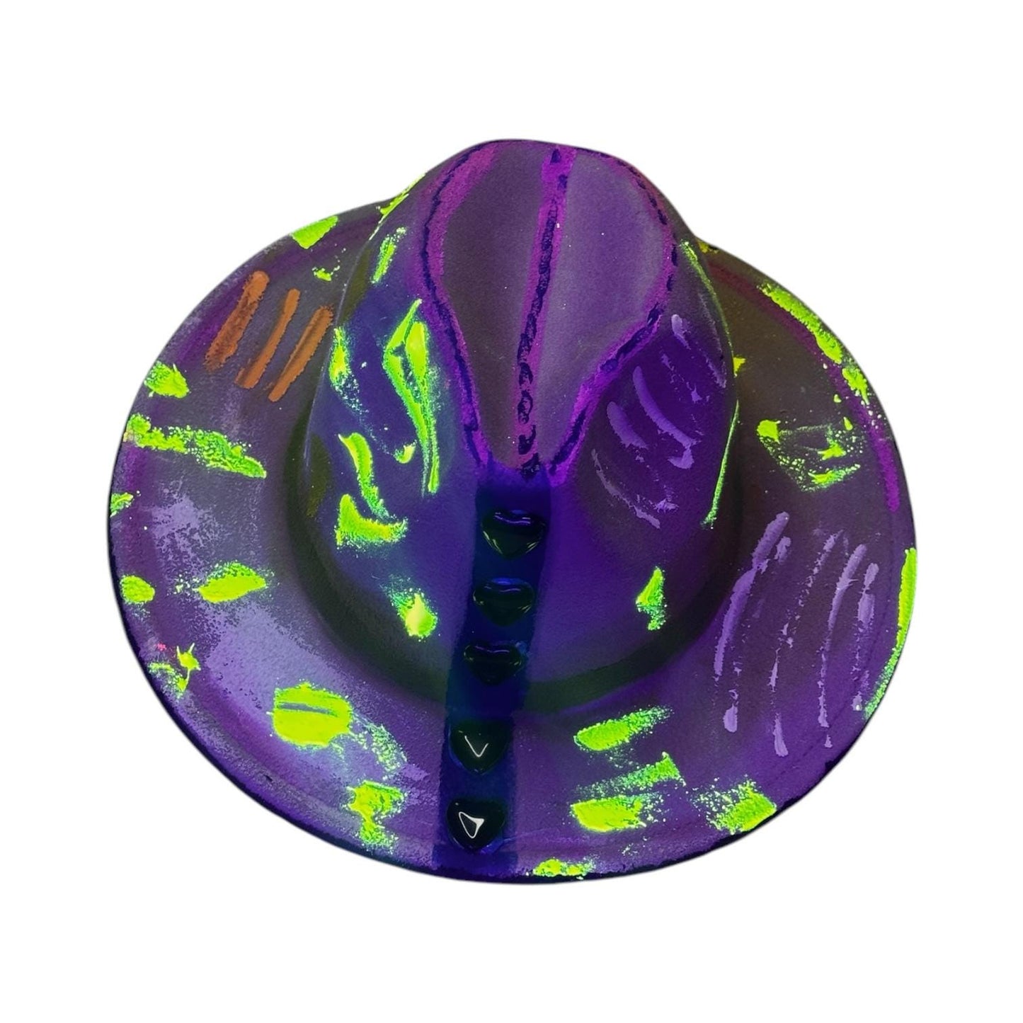 Unisex Pastel Neon Glow Fedora—Hand Painted Festival Hat with UV Splatter Heart Studs Psy Rave Art Hat for Burning Man & Festivals like LIB