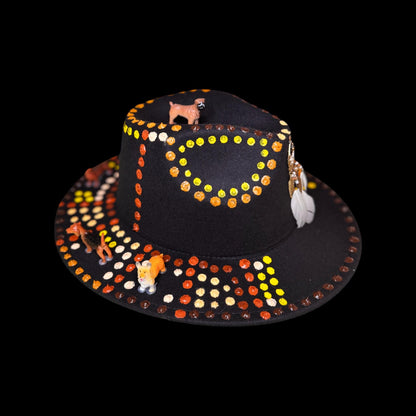 Boho Festival Hat with Dog Totems, Painted Mandala Dots & Feathers | Spirit Animal Hat for Burning Man, Coachella, Raves