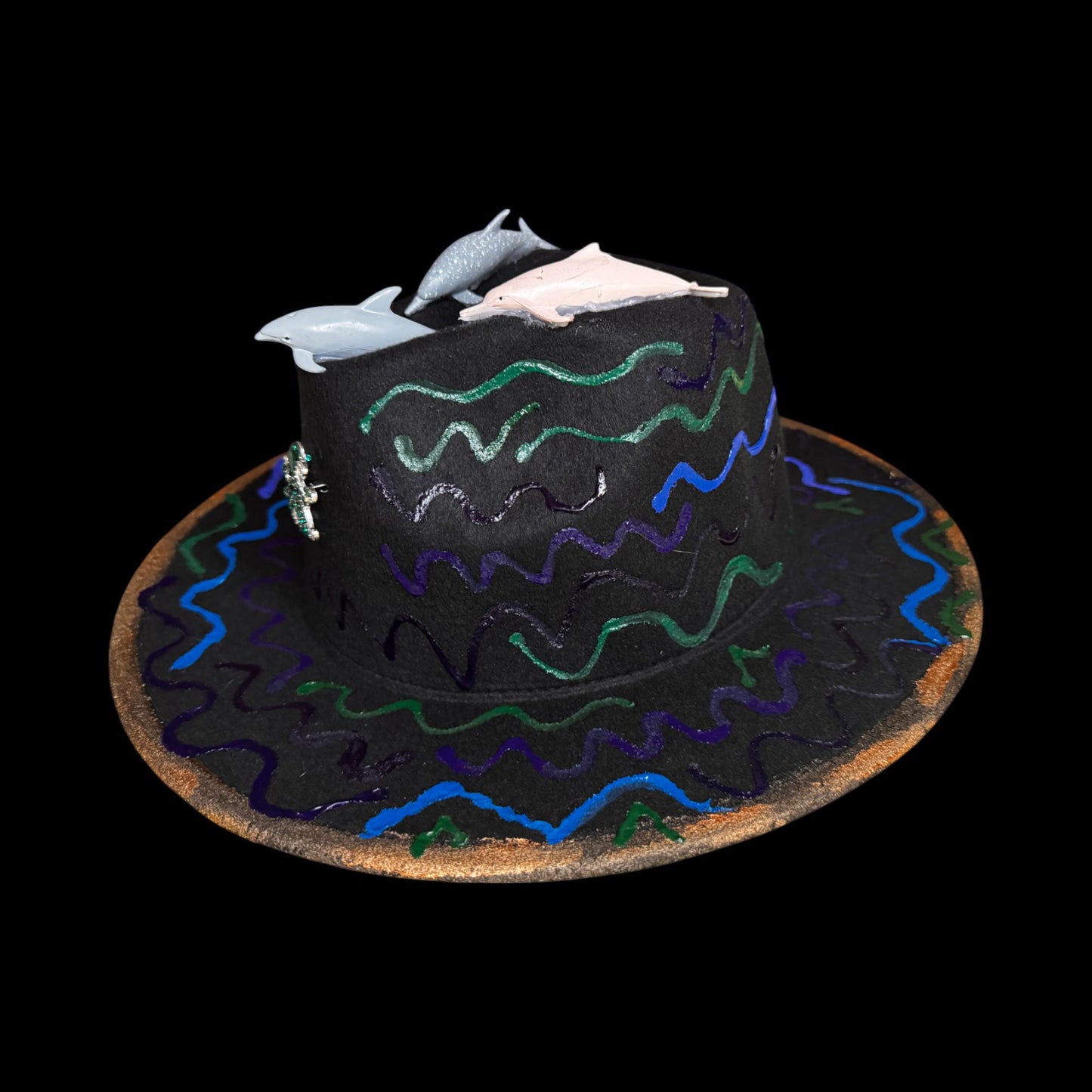 Ocean Festival Hat with Dolphin Trio, Mirror Hearts & Octopus Brooch – UV Glow Blacklight Fedora for Burning Man Psychedelic Raves Party Hat