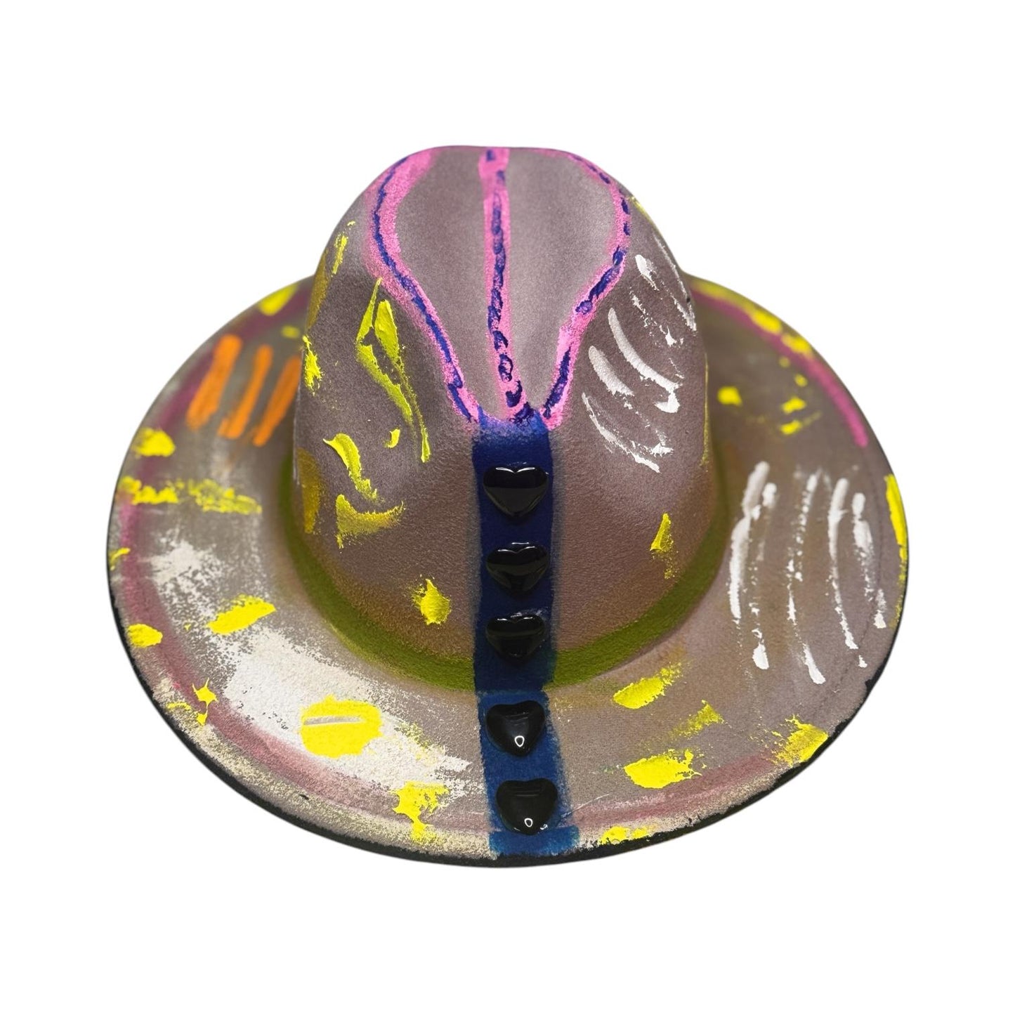 Unisex Pastel Neon Glow Fedora—Hand Painted Festival Hat with UV Splatter Heart Studs Psy Rave Art Hat for Burning Man & Festivals like LIB