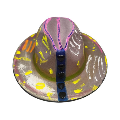Unisex Pastel Neon Glow Fedora—Hand Painted Festival Hat with UV Splatter Heart Studs Psy Rave Art Hat for Burning Man & Festivals like LIB