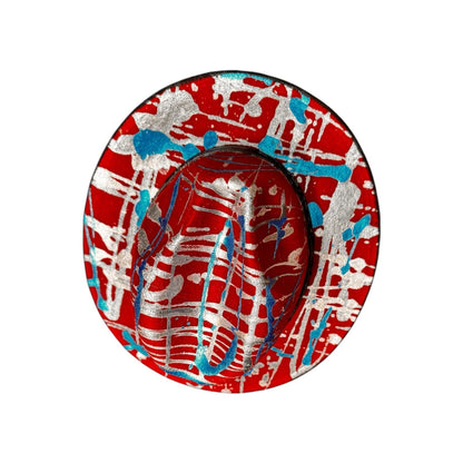 Red Psychedelic Splatter Fedora—Glow-Ready Festival Hat with Silver & Blue Paint, Coachella Burning Man Outfit, Unisex Rave Wear