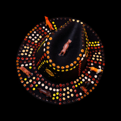 Boho Festival Hat with Dog Totems, Painted Mandala Dots & Feathers | Spirit Animal Hat for Burning Man, Coachella, Raves