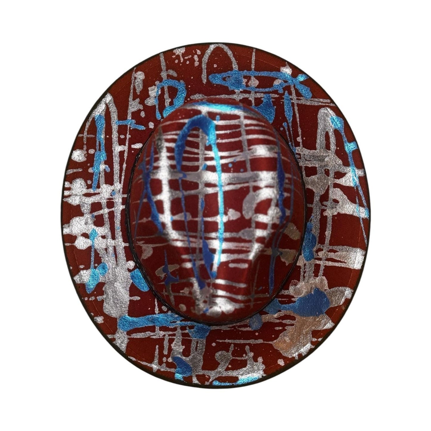 Red Metallic Splatter Fedora – Hand-Painted Rave Hat in Silver & Blue – Festival Art Hat for Burning Man, Coachella, and Psy Parties