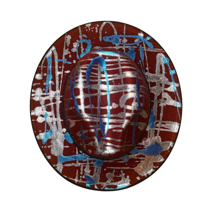 Red Metallic Splatter Fedora – Hand-Painted Rave Hat in Silver & Blue – Festival Art Hat for Burning Man, Coachella, and Psy Parties