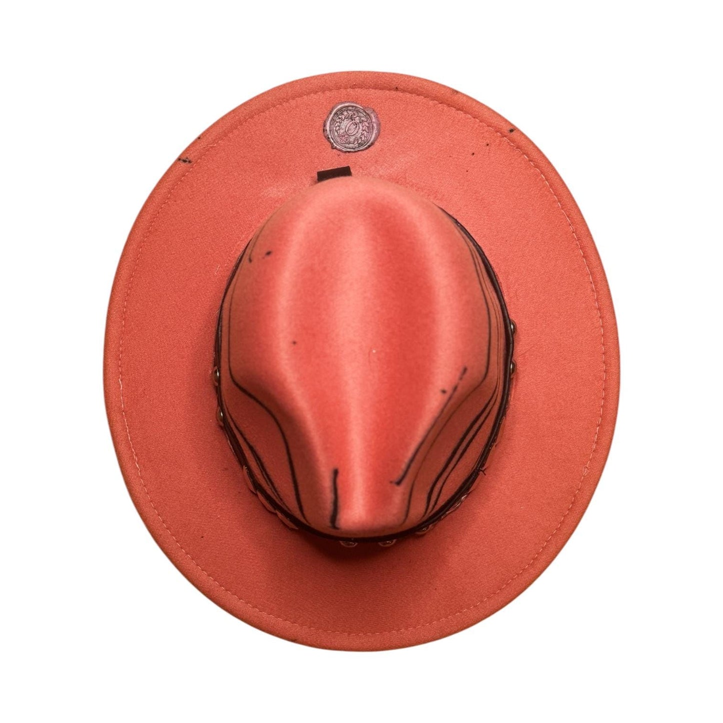 Terracotta Desert Line Fedora – Hand-Painted Burnt Orange Hat with Studded Band – Boho Rave Hat for Burning Man & Festival Fashion