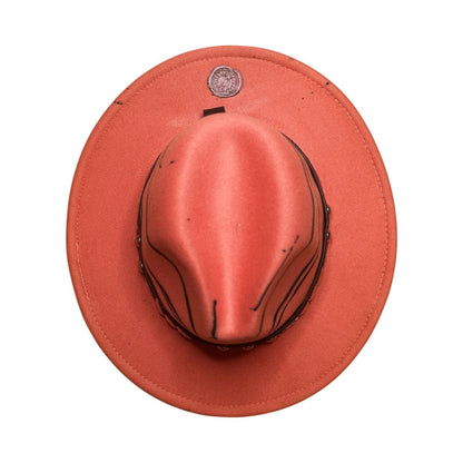 Terracotta Desert Line Fedora – Hand-Painted Burnt Orange Hat with Studded Band – Boho Rave Hat for Burning Man & Festival Fashion