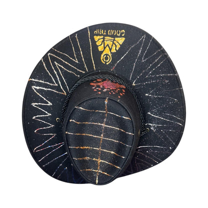 TRIPPING SPIDER Black Cowboy Hat with Spider Emblem, Glitter Zigzag Brim, and “Good Trip” Hand-Painted Festival Headwear for Wild Souls