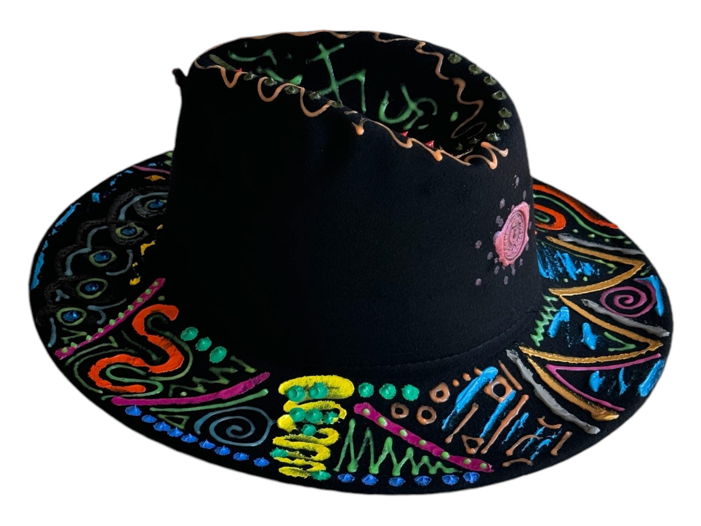 Psychedelic guitar festival hat, hand-painted, vibrant colors, festival-ready, perfect for Burning Man, concerts, rave, party, costume event