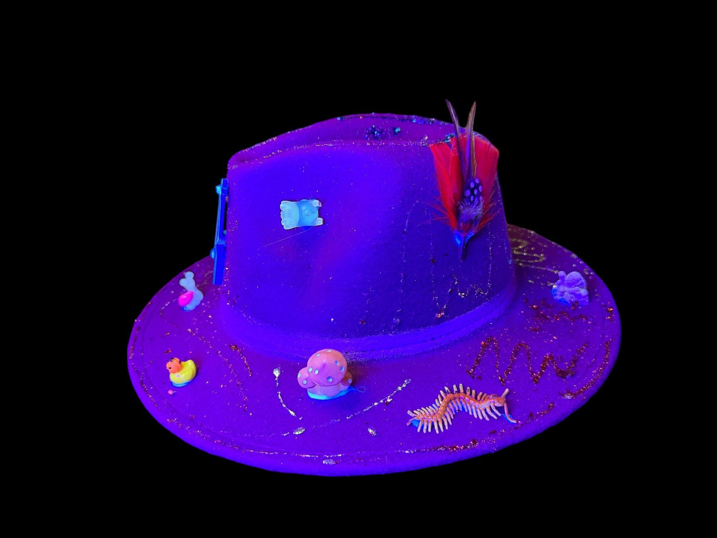 Handmade Maroon Fedora with Animals, Glitter, Guitar Charm, Feathers, and Decorative Stones | Quirky Festival Hat | Unique Christmas Gift