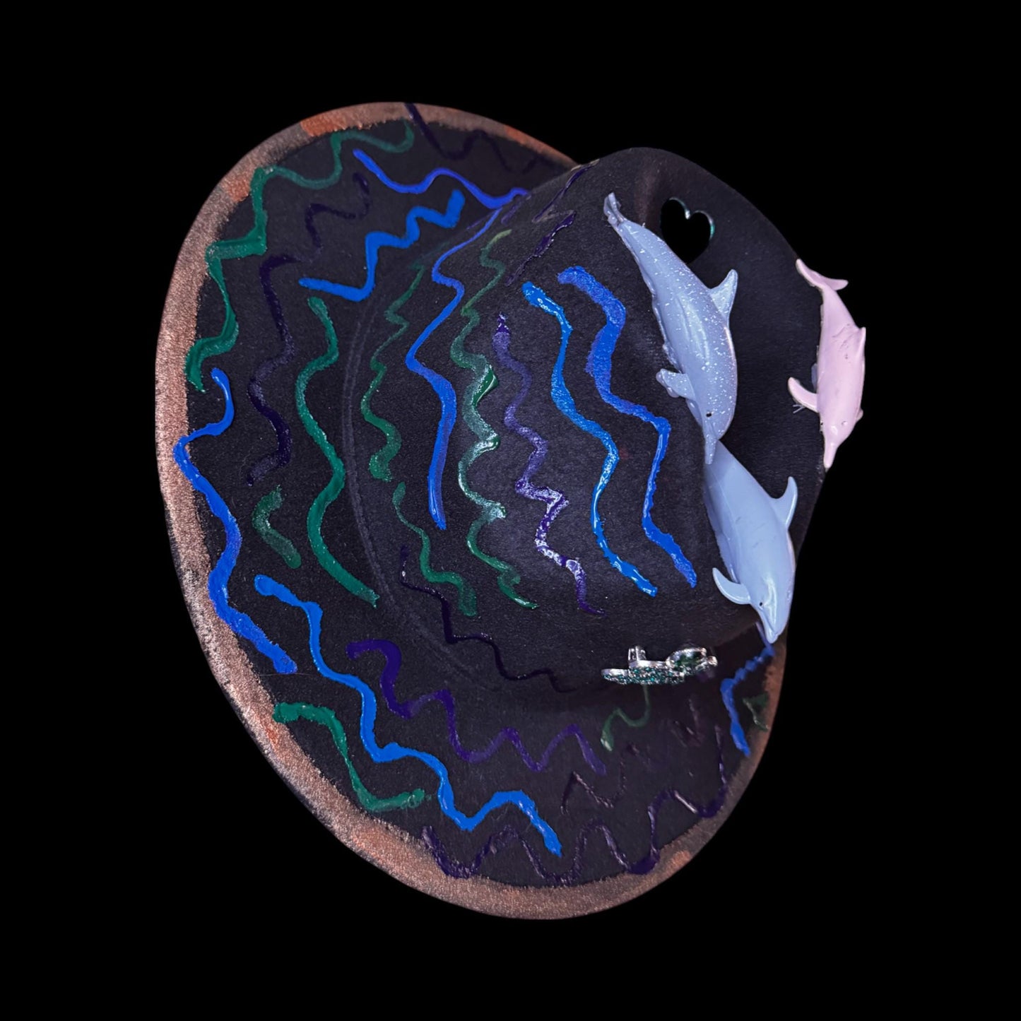 Ocean Festival Hat with Dolphin Trio, Mirror Hearts & Octopus Brooch – UV Glow Blacklight Fedora for Burning Man Psychedelic Raves Party Hat