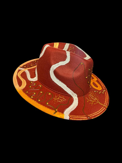 TREE OF LIFE Boho hand-painted earth-tone fedora with tree of life and gold detail, everyday artistic statement hat in red, ochre, and white