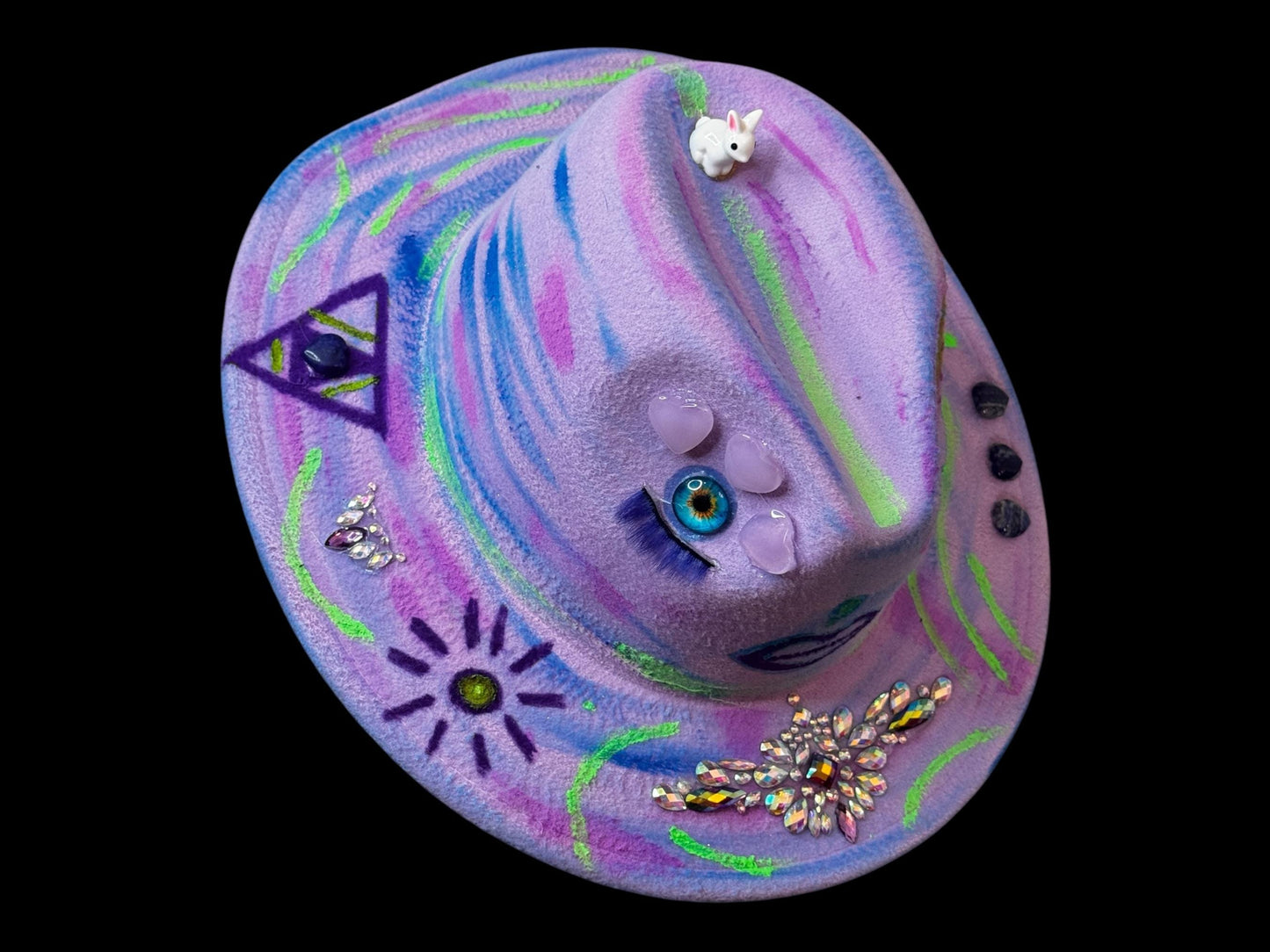 Psychedelic Glow in the Dark Neon Lavender Face Hat – Eye & Bunny Festival Fedora, UV Reactive, Handpainted by Ilgaz Kuren – Modifiable Size