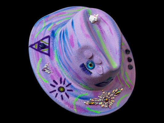Psychedelic Glow in the Dark Neon Lavender Face Hat – Eye & Bunny Festival Fedora, UV Reactive, Handpainted by Ilgaz Kuren – Modifiable Size