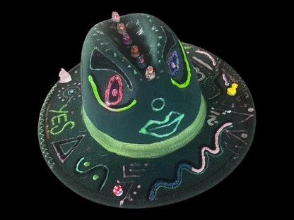 Green Festival Fedora Hat with Glow-in-the-Dark Eyes, Music Notes, and Abstract Symbols – Handmade Rave and Artistic Statement Hat