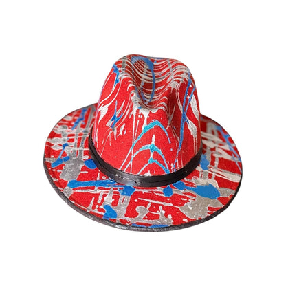 Red Psychedelic Splatter Fedora—Glow-Ready Festival Hat with Silver & Blue Paint, Coachella Burning Man Outfit, Unisex Rave Wear