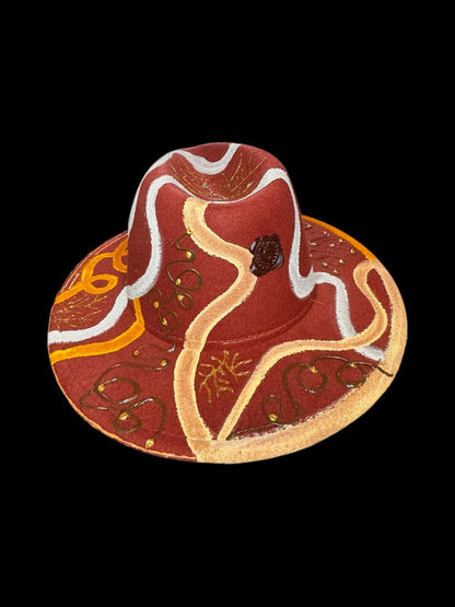 TREE OF LIFE Boho hand-painted earth-tone fedora with tree of life and gold detail, everyday artistic statement hat in red, ochre, and white