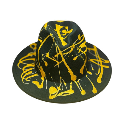Green Gold Splatter Fedora—Hand-Painted Festival Hat for Burning Man—Artistic Unisex Statement Hat for Raves and Psychedelic Parties