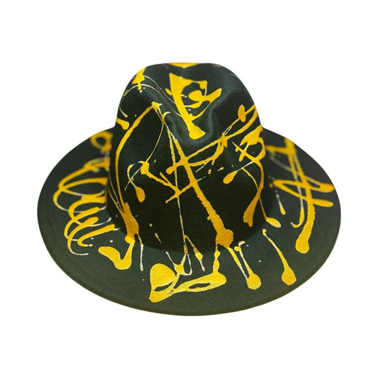 Green Gold Splatter Fedora—Hand-Painted Festival Hat for Burning Man—Artistic Unisex Statement Hat for Raves and Psychedelic Parties