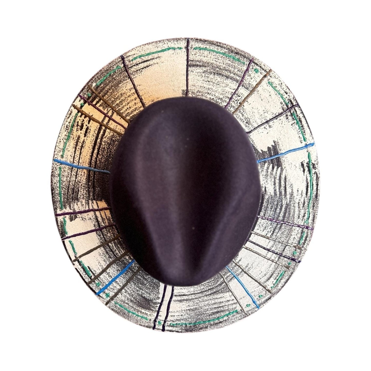 OCEAN CIRCUIT hand-painted dark blue men’s hat with white textured brim, linear brushstrokes, and abstract color artistic geometric style 57