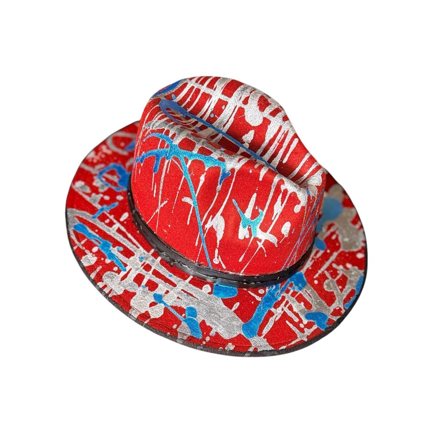Red Psychedelic Splatter Fedora—Glow-Ready Festival Hat with Silver & Blue Paint, Coachella Burning Man Outfit, Unisex Rave Wear