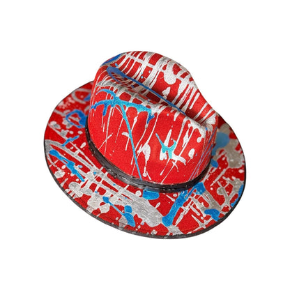 Red Psychedelic Splatter Fedora—Glow-Ready Festival Hat with Silver & Blue Paint, Coachella Burning Man Outfit, Unisex Rave Wear