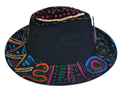 Psychedelic guitar festival hat, hand-painted, vibrant colors, festival-ready, perfect for Burning Man, concerts, rave, party, costume event