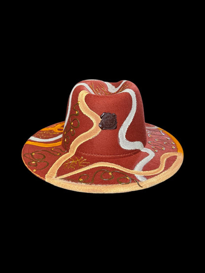 TREE OF LIFE Boho hand-painted earth-tone fedora with tree of life and gold detail, everyday artistic statement hat in red, ochre, and white