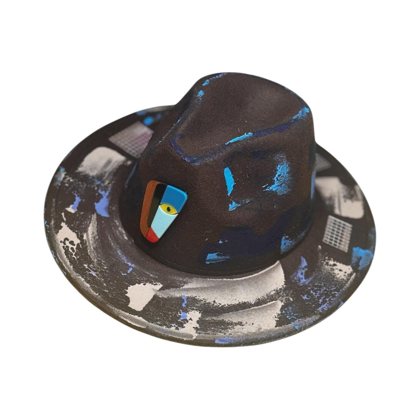Blacklight Fedora Hat with UV Blue Splashes, Abstract Pattern, Face Pin Detail, Burning Man Festival Wear, Unisex Statement Hat