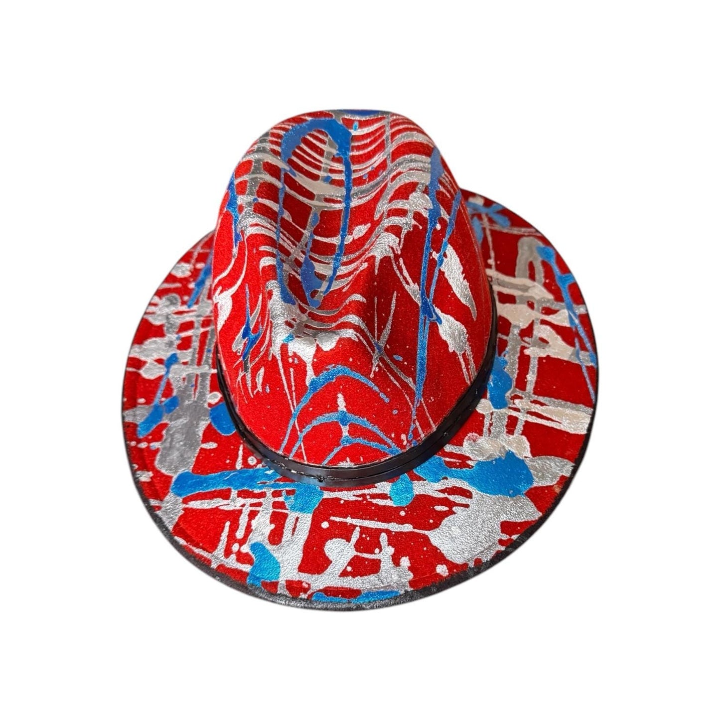 Red Psychedelic Splatter Fedora—Glow-Ready Festival Hat with Silver & Blue Paint, Coachella Burning Man Outfit, Unisex Rave Wear