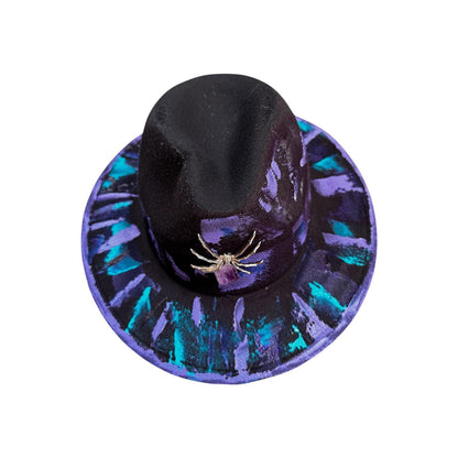 Amethyst Spider Fedora—Hand-Painted Black Hat with Purple & Turquoise Brushstrokes, Amethyst Crystal Brooch, Festival Gothic Hat