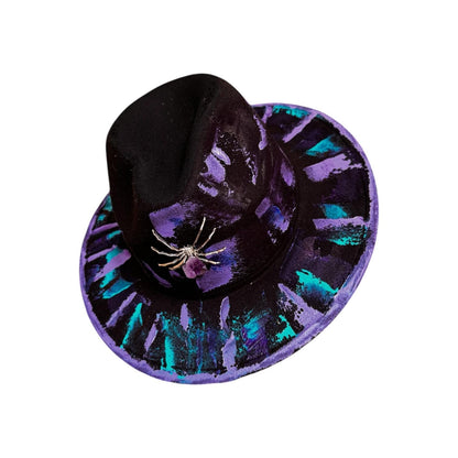 Amethyst Spider Fedora—Hand-Painted Black Hat with Purple & Turquoise Brushstrokes, Amethyst Crystal Brooch, Festival Gothic Hat
