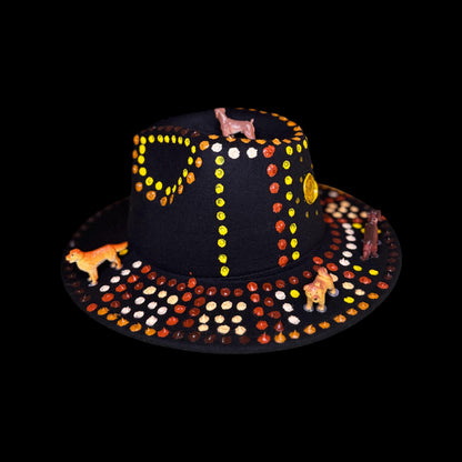 Boho Festival Hat with Dog Totems, Painted Mandala Dots & Feathers | Spirit Animal Hat for Burning Man, Coachella, Raves