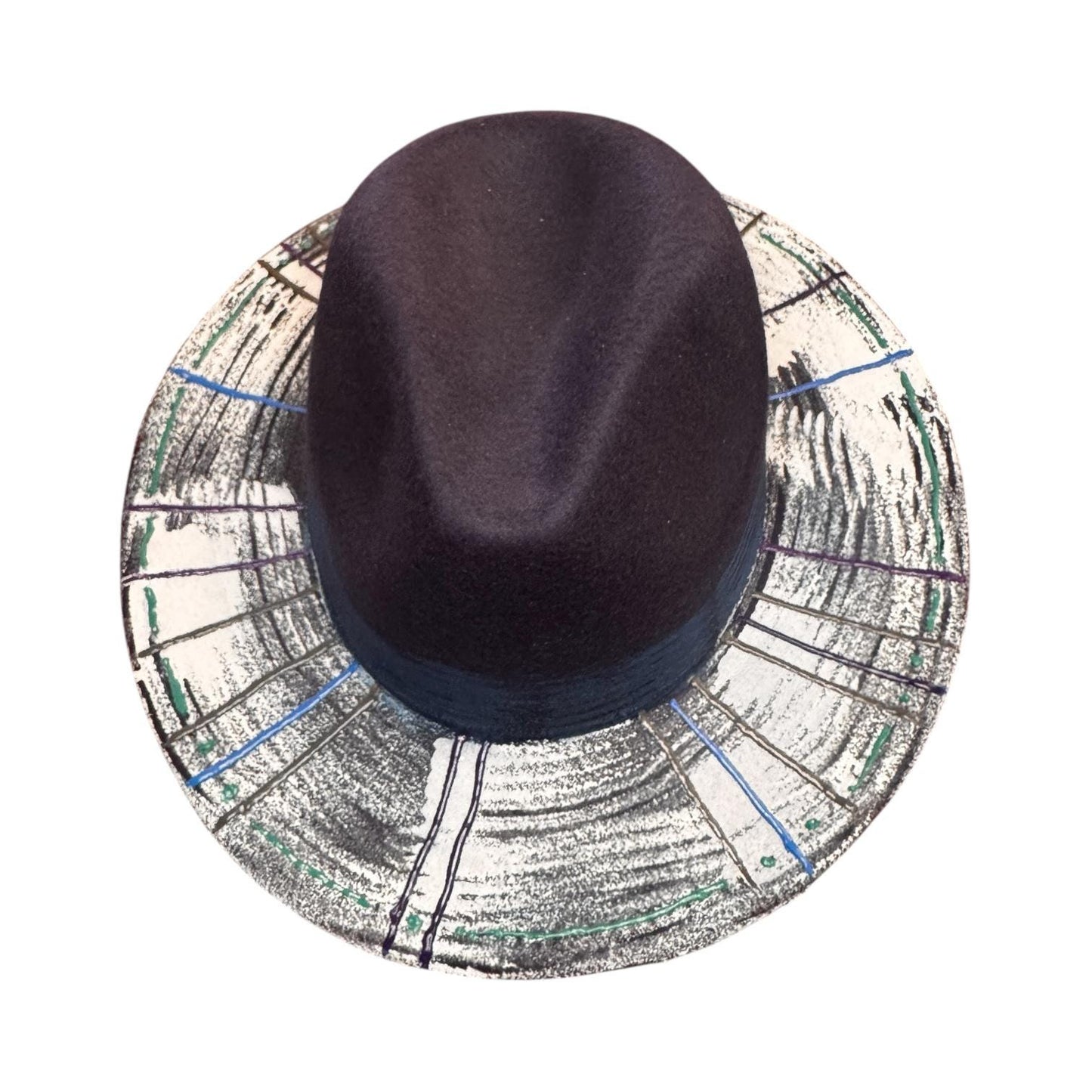 OCEAN CIRCUIT hand-painted dark blue men’s hat with white textured brim, linear brushstrokes, and abstract color artistic geometric style 57