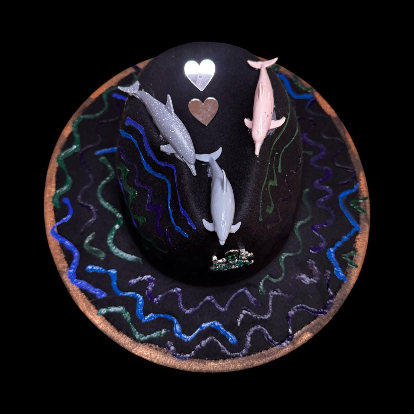 Ocean Festival Hat with Dolphin Trio, Mirror Hearts & Octopus Brooch – UV Glow Blacklight Fedora for Burning Man Psychedelic Raves Party Hat