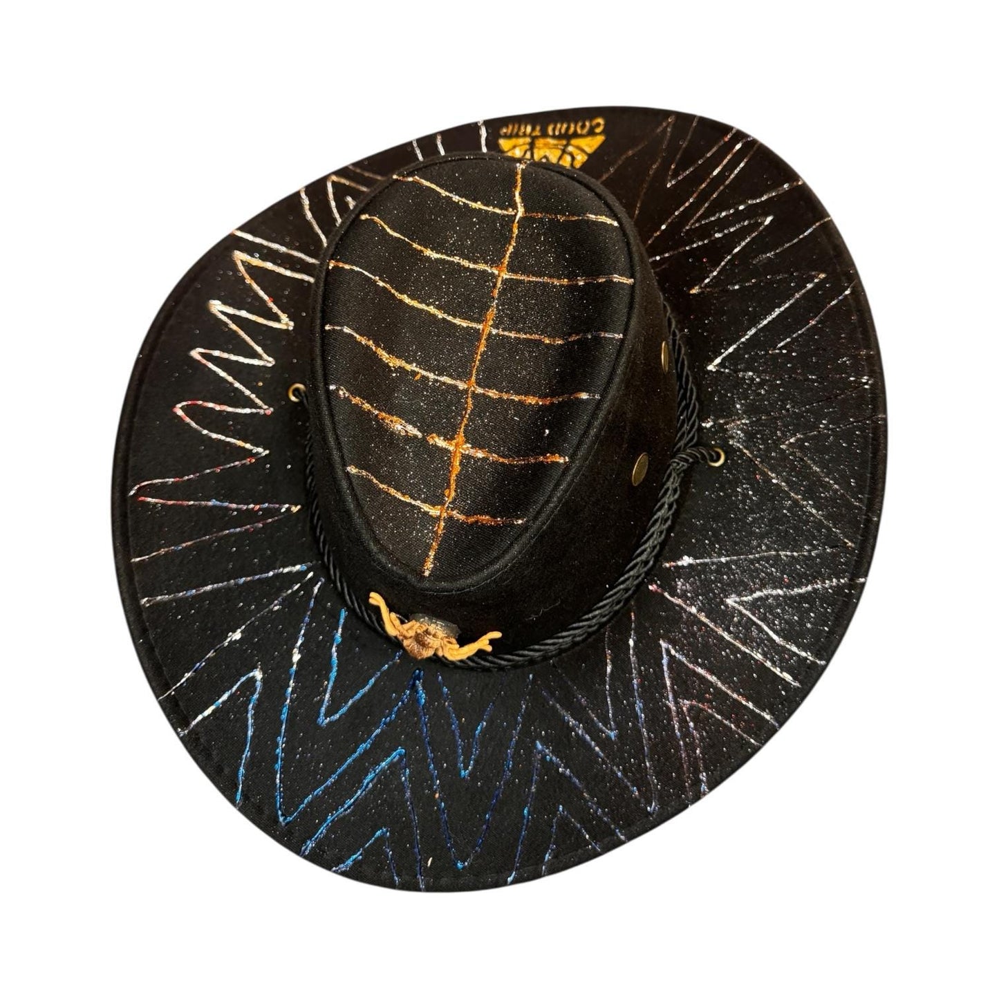 TRIPPING SPIDER Black Cowboy Hat with Spider Emblem, Glitter Zigzag Brim, and “Good Trip” Hand-Painted Festival Headwear for Wild Souls