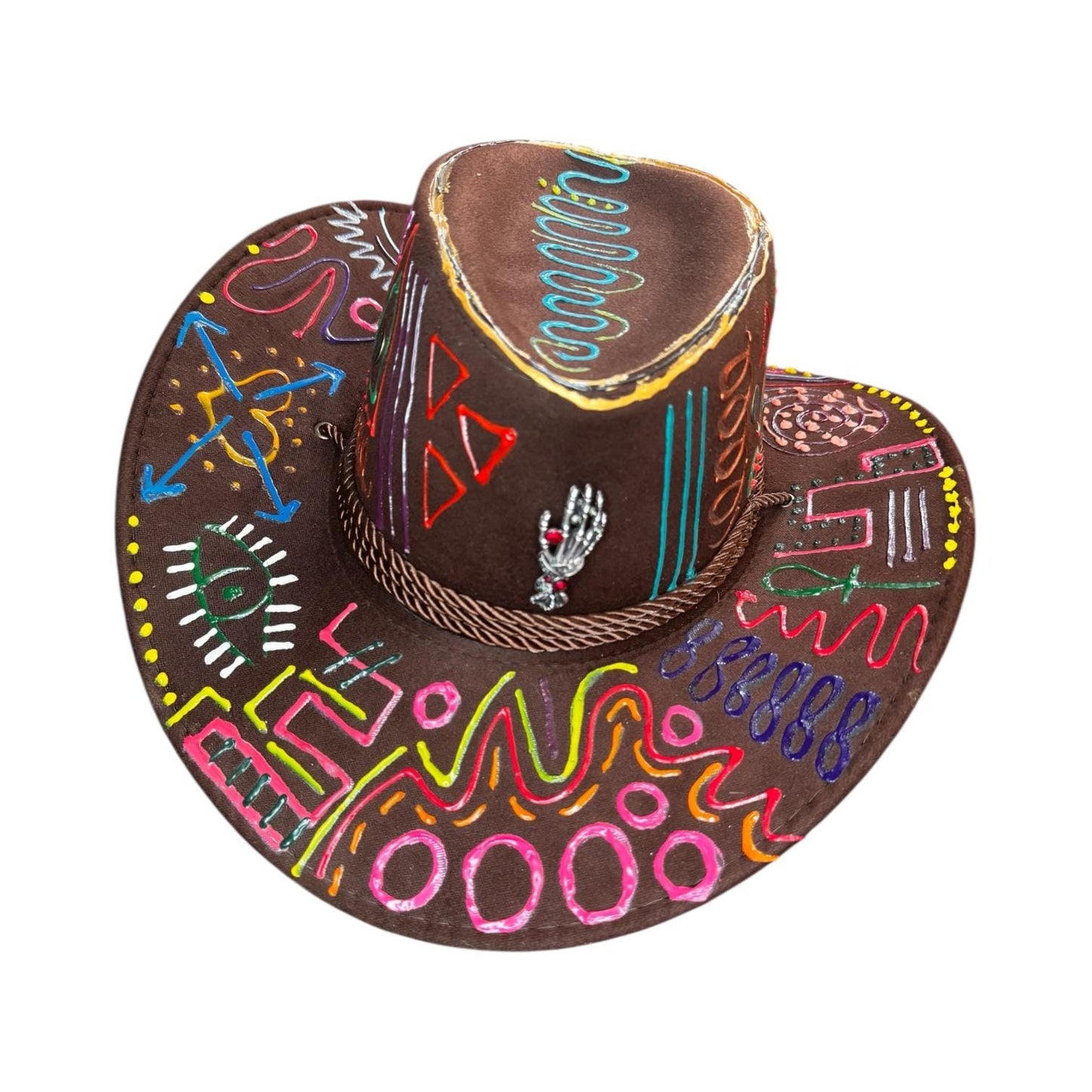 PSYCHOWBOY Brown psychedelic rave hat with neon hand-painted tribal symbols, wearable art, unique Burning Man festival fashion by Qreine
