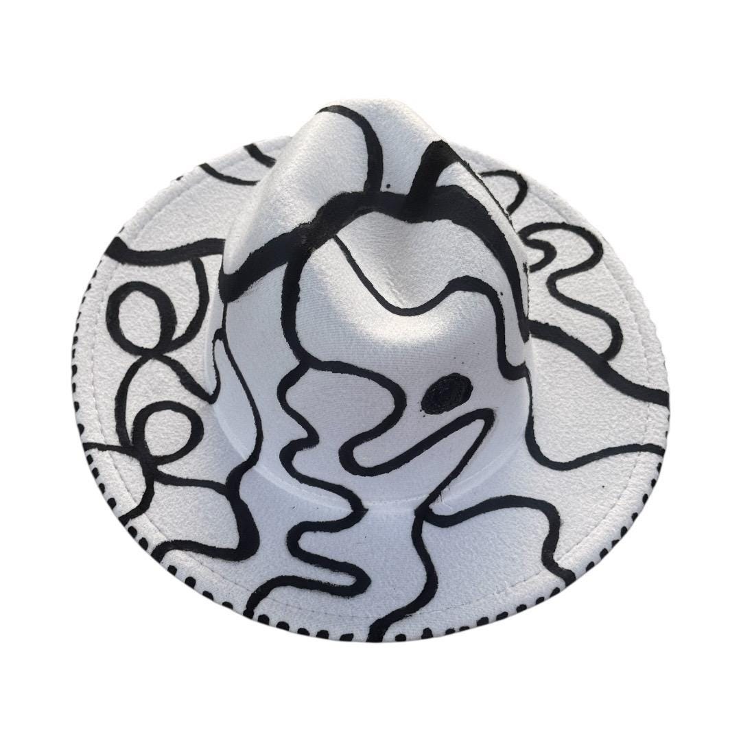 REACH FEEL ABSORB White Black Abstract Fedora – Hand-Painted Fedora Hat, Unique Art Hat, Daily Outfit, Wearable Art Statement Piece Tribal