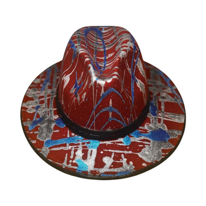 Red Metallic Splatter Fedora – Hand-Painted Rave Hat in Silver & Blue – Festival Art Hat for Burning Man, Coachella, and Psy Parties