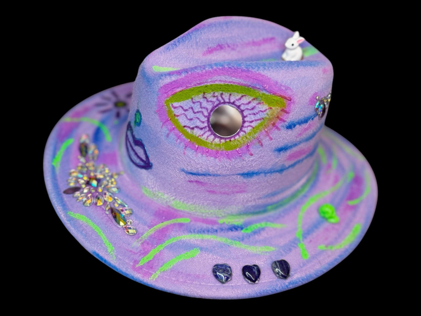 Psychedelic Glow in the Dark Neon Lavender Face Hat – Eye & Bunny Festival Fedora, UV Reactive, Handpainted by Ilgaz Kuren – Modifiable Size