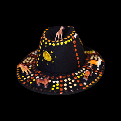 Boho Festival Hat with Dog Totems, Painted Mandala Dots & Feathers | Spirit Animal Hat for Burning Man, Coachella, Raves