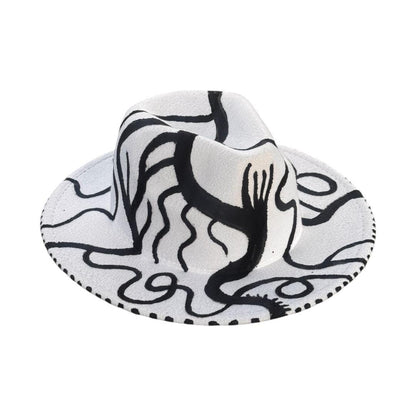 REACH FEEL ABSORB White Black Abstract Fedora – Hand-Painted Fedora Hat, Unique Art Hat, Daily Outfit, Wearable Art Statement Piece Tribal