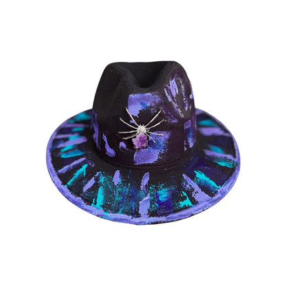 Amethyst Spider Fedora—Hand-Painted Black Hat with Purple & Turquoise Brushstrokes, Amethyst Crystal Brooch, Festival Gothic Hat