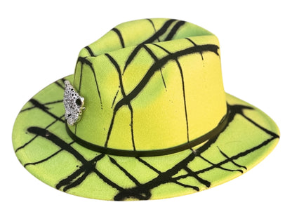 GREEN PANTHER Neon Green Fedora with Black Abstract Art and Leopard Brooch - Handmade Festival Hat