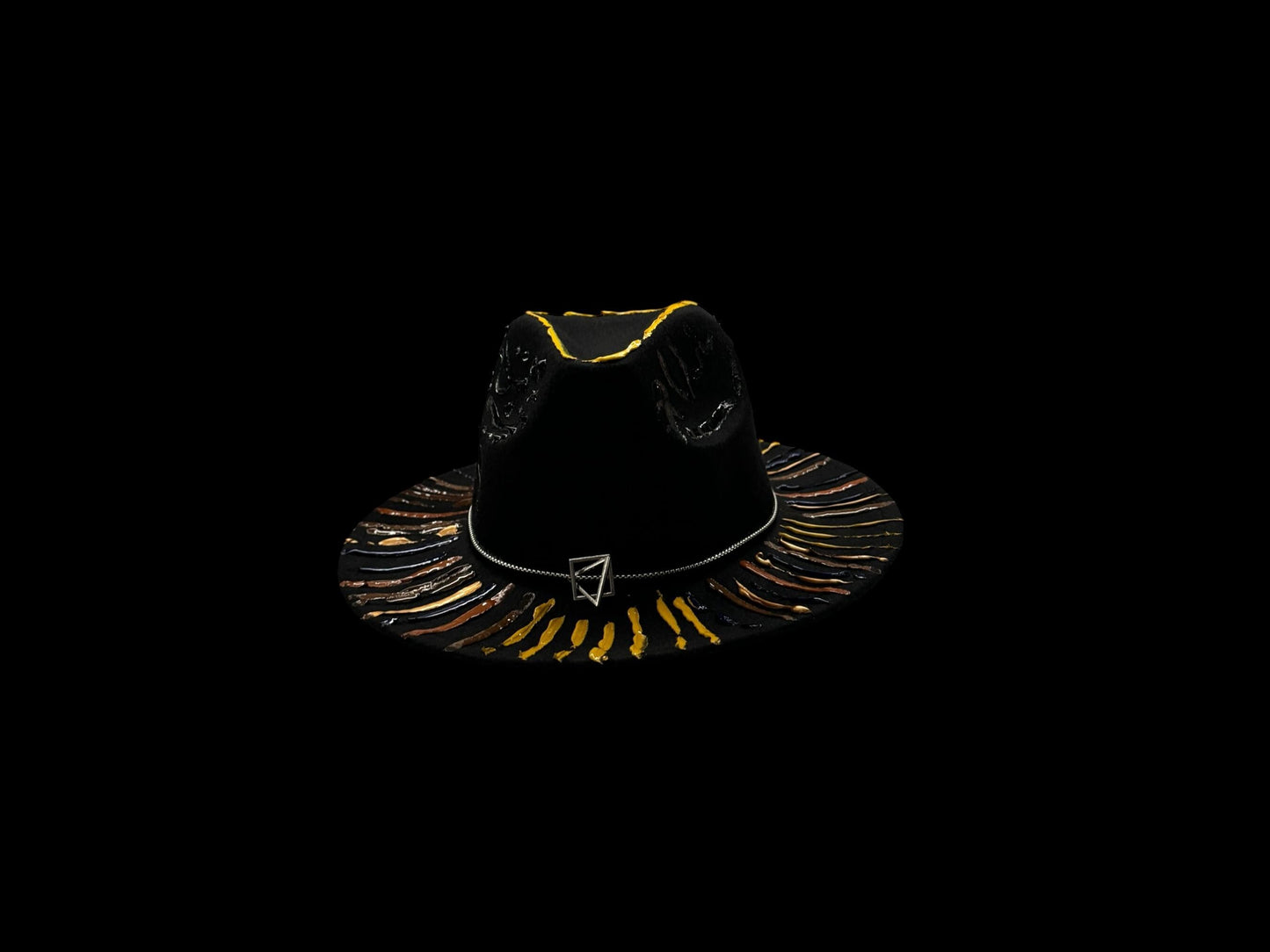 Handmade Black Festival Hat with Bold Yellow and Bronze Accents – Unisex Statement Hat for Men & Women, Perfect for Events and Raves