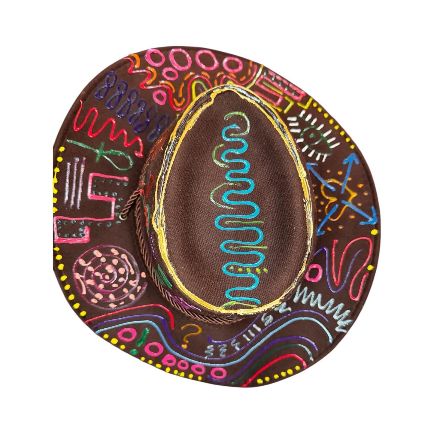 PSYCHOWBOY Brown psychedelic rave hat with neon hand-painted tribal symbols, wearable art, unique Burning Man festival fashion by Qreine